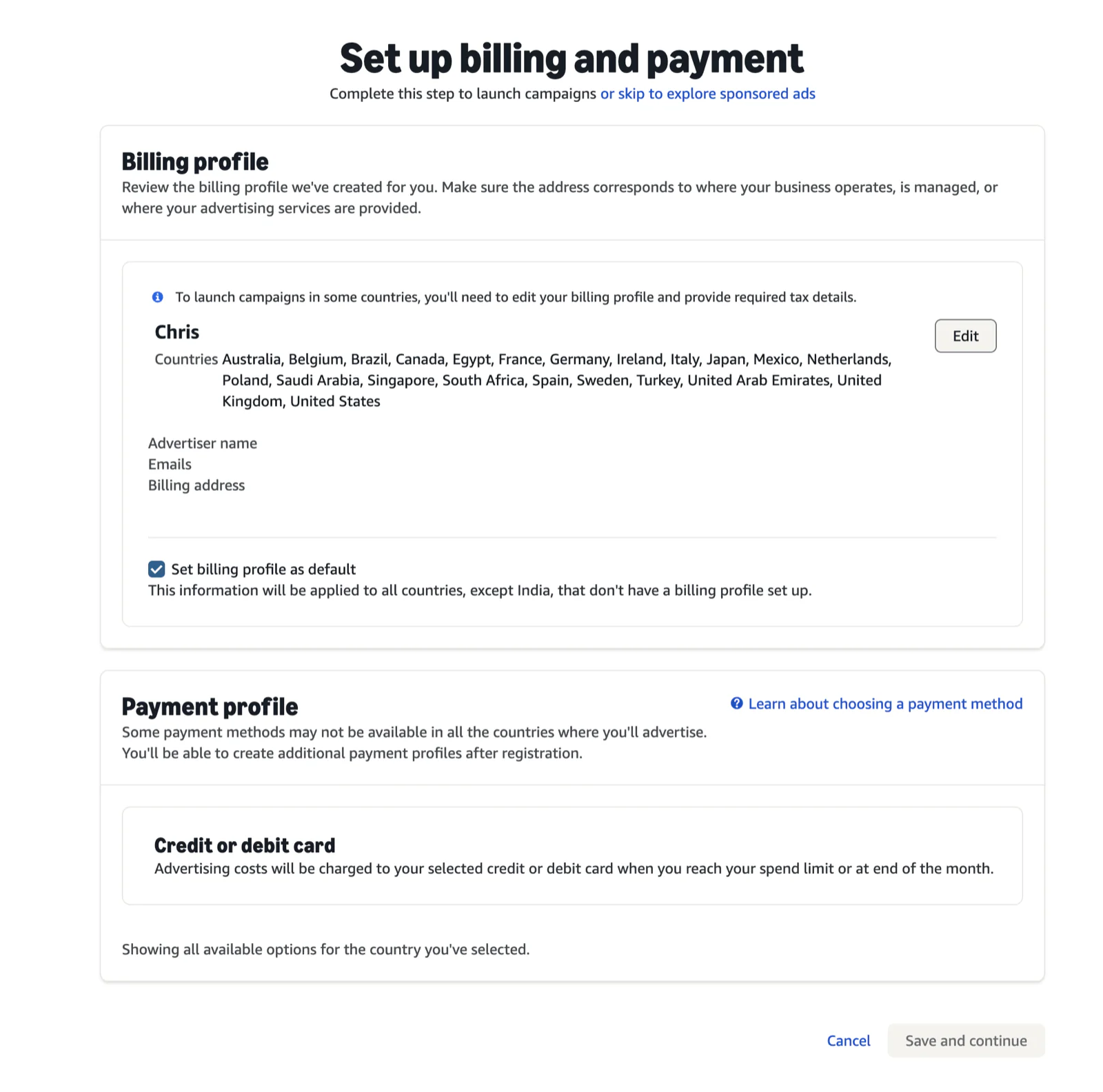 Amazon Ads billing and payment information form