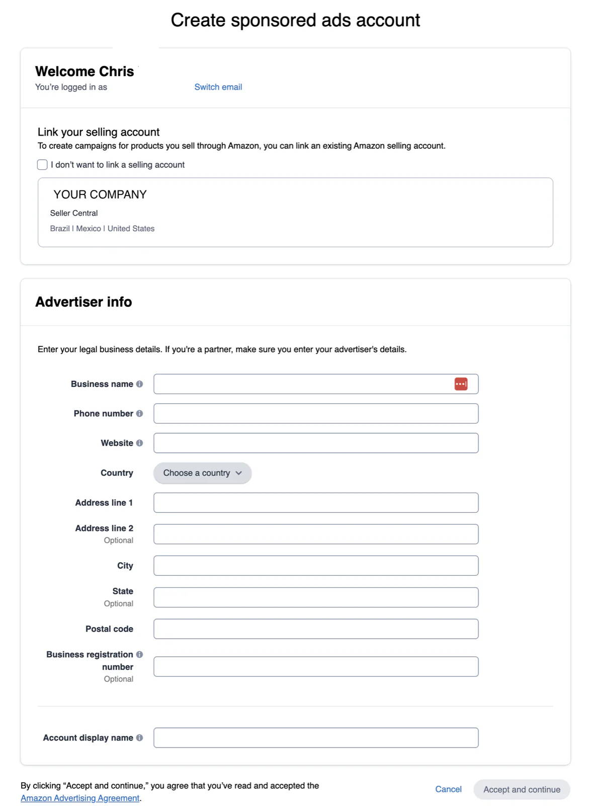 Amazon Ads seller account selection and signup form