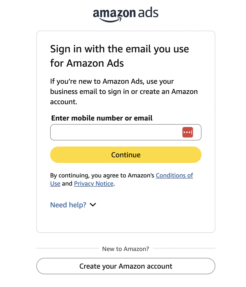 Amazon Ads sign-in screen