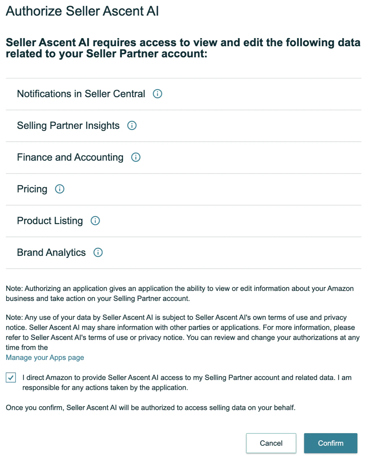 Seller Central authorization screen for Seller Ascent AI